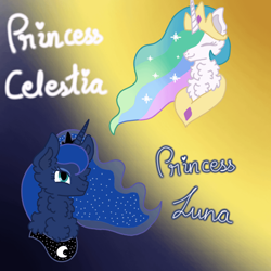 Size: 640x640 | Tagged: safe, artist:saturaed_acidity, princess celestia, princess luna, alicorn, pony, g4, crown, duo, duo female, ear fluff, ethereal mane, eyes closed, eyeshadow, female, fluffy, jewelry, makeup, neck fluff, regalia, royal sisters, siblings, sisters, smiling, sparkling mane