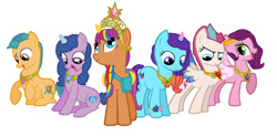 Size: 1268x630 | Tagged: safe, artist:diana173076, hitch trailblazer, izzy moonbow, misty brightdawn, pipp petals, sunny starscout, zipp storm, alicorn, earth pony, pegasus, pony, unicorn, g4, g5, bag, bracelet, colored wings, crown, element of generosity, element of harmony, element of honesty, element of kindness, element of laughter, element of loyalty, element of magic, female, friendship bracelet, g5 to g4, generation leap, horn, jewelry, male, mane five, mane six (g5), mane stripe sunny, multicolored wings, necklace, open mouth, open smile, race swap, raised hoof, rebirth misty, regalia, saddle bag, simple background, smiling, spread wings, stallion, sunnycorn, white background, wings