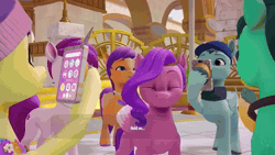 Size: 1280x720 | Tagged: safe, hitch trailblazer, izzy moonbow, pipp petals, sunny starscout, earth pony, pegasus, pony, unicorn, g5, my little pony: a zephyr heights mystery, animated, cellphone, cutscene, female, game screencap, horn, male, mare, phone, smartphone, smoke, sound, stallion, subtitles, unnamed character, unnamed pony, webm, youtube link, zephyr heights