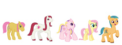 Size: 1463x546 | Tagged: safe, artist:diana173076, fluttershy, fluttershy (g3), hitch trailblazer, posey, sweetheart, earth pony, pegasus, pony, g1, g2, g3, g4, g5, female, generational ponidox, hitch and his 2nd heroine, male, open mouth, open smile, raised hoof, simple background, smiling, white background