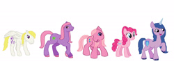 Size: 1450x551 | Tagged: safe, artist:diana173076, clover (g1), izzy moonbow, pinkie pie, pinkie pie (g3), surprise, earth pony, pegasus, pony, unicorn, g1, g2, g3, g4, g5, female, generational ponidox, horn, izzy and her heroine, open mouth, open smile, raised hoof, simple background, smiling, white background