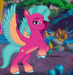 Size: 827x848 | Tagged: safe, artist:artsmlpgen5, artist:dancingkinfiend, blaize skysong, pegasus, pony, g5, base used, coat markings, colored wings, female, freckles, multicolored wings, ponified, smiling, socks (coat markings), solo, species swap, the isle of scaly (location), wings