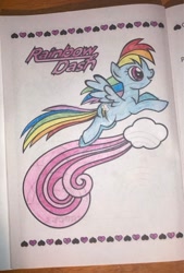 Size: 750x1109 | Tagged: safe, artist:lullapiies, rainbow dash, pegasus, pony, g4, cloud, coloring page, flying, heart, open mouth, open smile, smiling, solo, traditional art, wings