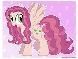 Size: 1499x1148 | Tagged: safe, artist:lullapiies, oc, oc only, oc:lullapie, pegasus, pony, g4, female, gradient background, mare, smiling, solo, spread wings, wings