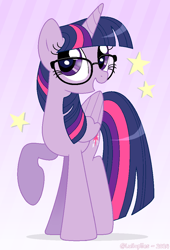 Size: 714x1050 | Tagged: safe, artist:lullapiies, twilight sparkle, alicorn, pony, g4, female, folded wings, glasses, gradient background, horn, mare, meganekko, raised hoof, smiling, solo, twilight sparkle (alicorn), wings