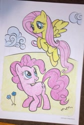 Size: 646x963 | Tagged: safe, artist:lullapiies, fluttershy, pinkie pie, earth pony, pegasus, pony, g4, cloud, coloring page, female, flower, flying, looking at each other, looking at someone, mare, smiling, smiling at each other, traditional art, wings