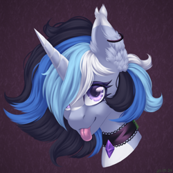 Size: 2500x2500 | Tagged: safe, artist:n3tt0l, oc, oc only, pony, unicorn, bust, choker, ear fluff, ear piercing, earring, horn, jewelry, long horn, looking at you, piercing, portrait, purple eyes, shiny eyes, short hair, smiling, smiling at you, solo, tongue out