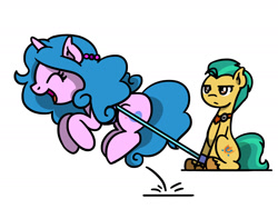Size: 1800x1350 | Tagged: safe, artist:flutterluv, hitch trailblazer, izzy moonbow, earth pony, pony, unicorn, g5, cute, duo, duo male and female, female, hitch trailblazer is not amused, hitchbetes, horn, izzybetes, leash, male, ponified animal photo, ponified animal video, simple background, unamused, white background