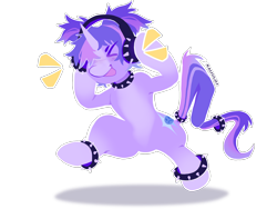 Size: 3000x2250 | Tagged: safe, alternate version, artist:kaijulii, oc, oc only, pony, unicorn, belly, bipedal, choker, collar, commission, dancing, eyes closed, headphones, horn, lineless, listening to music, multicolored hair, multicolored mane, multicolored tail, open mouth, pale belly, pigtails, punk, purple coat, purple fur, purple mane, raised hoof, shadow, signature, simple background, solo, spiked choker, spiked collar, standing, standing on one leg, standing up, stomp, stomping, tail, tail accessory, transparent background, twintails, two toned coat, unicorn oc, x3, xd