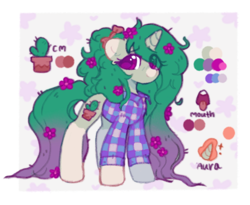 Size: 630x517 | Tagged: safe, artist:flixanoa, oc, oc only, oc:cactus pony, pony, unicorn, border, bow, clothes, coat markings, color palette, colored eartips, colored muzzle, eye clipping through hair, eyebrows, eyebrows visible through hair, flannel shirt, flower, flower in hair, flower in tail, glowing, glowing horn, gradient mane, gradient tail, green coat, hair bow, horn, impossibly long mane, impossibly long tail, lidded eyes, long mane, long tail, magic, open mouth, patterned background, ponytail, purple eyes, reference sheet, shiny eyes, shirt, smiiling, smiling, socks (coat markings), standing, tail, tied mane, tongue out, two toned mane, two toned tail, unicorn horn, unicorn oc, wingding eyes