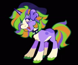 Size: 1971x1650 | Tagged: oc name needed, safe, artist:partyponypower, oc, oc only, pony, unicorn, ambiguous gender, beanie, black background, blaze (coat marking), blue eyes, chest fluff, coat markings, collar, colored, colored belly, colored eartips, colored hooves, colored muzzle, colored sclera, curly mane, dog ears, eyeshadow, facial markings, fangs, flat colors, green hooves, hat, horn, lidded eyes, long mane, long tail, looking at you, makeup, multicolored mane, multicolored tail, no catchlights, open mouth, open smile, pale belly, pink sclera, purple coat, purple eyeshadow, requested art, simple background, smiling, smiling at you, socks (coat markings), solo, spiked collar, standing, tail, unicorn horn, unicorn oc, unshorn fetlocks