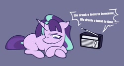 Size: 1843x982 | Tagged: safe, artist:partyponypower, starlight glimmer, pony, unicorn, g4, alternate universe, bangs, colored, crossed hooves, ears back, eyelashes, female, flat colors, floppy ears, frown, horn, lidded eyes, listening to music, lying down, mare, missing cutie mark, narrowed eyes, no catchlights, pink coat, ponytail, prone, purple background, purple eyes, radio, s5 starlight, sad, simple background, solo, tail, text, tied mane, two toned mane, two toned tail, unicorn horn