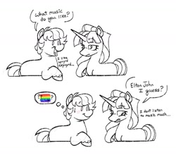 Size: 1356x1192 | Tagged: safe, artist:partyponypower, double diamond, starlight glimmer, earth pony, pony, unicorn, g4, 2 panel comic, alternate universe, black and white, blush scribble, blushing, comic, dot eyes, duo, duo male and female, eyebrows, eyebrows visible through hair, eyelashes, female, frown, gay pride flag, grayscale, horn, lidded eyes, long horn, long mane, looking at each other, looking at someone, looking back, male, monochrome, nose wrinkle, open mouth, open smile, ponytail, pride, pride flag, raised hoof, s5 starlight, short mane, sketch, smiling, smiling at someone, speech bubble, standing, sweat, sweatdrop, talking, text, tied mane, unicorn horn, unshorn fetlocks