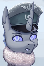 Size: 1892x2796 | Tagged: safe, artist:mrscroup, oc, oc only, oc:epargy clarus, changeling, equestria at war mod, bust, cap, changeling oc, clothes, fangs, hat, horn, portrait, solo
