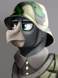 Size: 624x840 | Tagged: safe, artist:richmay, oc, oc only, oc:august duskwing, griffon, equestria at war mod, bust, clothes, griffon oc, helmet, military uniform, portrait, solo, uniform