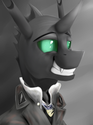 Size: 624x840 | Tagged: safe, artist:richmay, oc, oc only, oc:larynx, changeling, equestria at war mod, bust, changeling oc, clothes, fangs, forced smile, horn, military uniform, portrait, smiling, solo, uniform