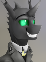 Size: 624x840 | Tagged: safe, artist:richmay, oc, oc only, oc:larynx, changeling, equestria at war mod, bust, changeling oc, clothes, fangs, horn, military uniform, portrait, smiling, solo, uniform