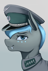 Size: 2029x3000 | Tagged: safe, oc, oc only, oc:carolina phymata, changeling, equestria at war mod, bust, cap, changeling oc, clothes, fangs, hat, military uniform, portrait, solo, uniform