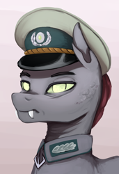 Size: 1536x2252 | Tagged: safe, artist:mrscroup, oc, oc only, oc:cimex, changeling, equestria at war mod, bust, cap, changeling oc, clothes, fangs, hat, military uniform, portrait, solo, uniform