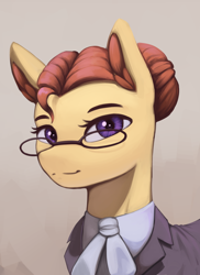 Size: 1348x1848 | Tagged: safe, artist:mrscroup, oc, oc only, oc:sugarquill, pony, equestria at war mod, bust, clothes, ear fluff, glasses, hair bun, portrait, solo