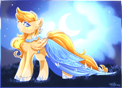 Size: 2467x1776 | Tagged: safe, artist:ezzerie, oc, oc only, oc:sunmoth, butterfly, pegasus, pony, clothes, dress, female, gala dress, grass, jewelry, mare, moon, moonlight, solo, stars