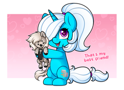 Size: 3213x2326 | Tagged: safe, artist:madelinne, oc, oc only, oc:devilvoice, oc:pummela, original species, plush pony, pony, unicorn, belly, chibi, commission, duo, female, hair over one eye, horn, looking at you, plushie, ponytail, text, unicorn oc, ych result