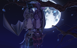 Size: 3200x2000 | Tagged: safe, artist:yuozka, oc, oc only, oc:luny, oc:pestyskillengton, bat pony, couple, duo, duo female, female, full moon, hanging, hanging upside down, lesbian, moon, night, sleeping, tree branch, upside down
