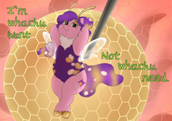 Size: 3258x2291 | Tagged: safe, artist:lupin quill, pipp petals, bee, bee pony, insect, original species, pony, g5, alternate hairstyle, armpits, bedroom eyes, beelzebub (helluva boss), belly button, bumblebipp, chubby, clothes, cosplay, costume, crossover, disco ball, fupa, helluva boss, lying down, neck fluff, on back, pipp is chubby, solo, song reference, transparent wings, wide hips, wings