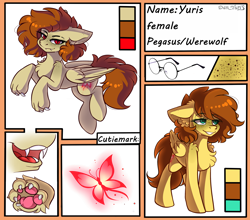 Size: 2500x2200 | Tagged: safe, artist:yuris, oc, oc only, oc:yuris, pegasus, pony, werewolf, cutie mark, ears back, female, glasses, looking at you, open mouth, paws, reference sheet, smiling, solo