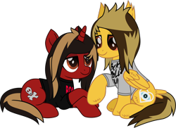 Size: 1494x1090 | Tagged: safe, artist:lightningbolt, derpibooru exclusive, pegasus, pony, unicorn, g4, .svg available, alex gaskarth, all time low, butt fluff, cheek fluff, clothes, colored pupils, duo, duo male, dyed mane, dyed tail, ear fluff, fluffy, folded wings, gay, hair over one eye, hoof fluff, horn, jack barakat, lidded eyes, looking at each other, looking at someone, lying down, male, movie accurate, ponified, prone, raised hoof, shipping, shirt, simple background, sitting, stallion, svg, t-shirt, tail, tail feathers, transparent background, vector, wing fluff, wings