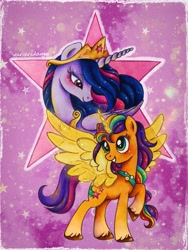 Size: 2189x2910 | Tagged: safe, artist:dariarchangel, sunny starscout, twilight sparkle, alicorn, g4, g5, crown, duo, female, g5 to g4, generation leap, horn, jewelry, mare, older, older twilight, older twilight sparkle (alicorn), princess twilight 2.0, race swap, raised hoof, regalia, smiling, spread wings, stars, sunny and her heroine, sunnycorn, twilight sparkle (alicorn), unshorn fetlocks, wings