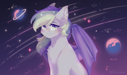 Size: 2889x1697 | Tagged: safe, artist:twinkesss, oc, oc only, oc:wisty starshine, bat pony, pony, bat pony oc, bat wings, blushing, chest fluff, commission, cute, detailed background, ear fluff, female, galaxy, mare, multicolored hair, multicolored mane, planet, purple wings, shooting star, solo, space, sparkles, sparkly mane, spread wings, two toned eyes, white coat, wings, ych result