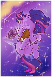 Size: 1504x2218 | Tagged: safe, artist:stratodraw, spike, twilight sparkle, dragon, pony, unicorn, g4, alternate universe, book, butt, cute, dock, duo, duo male and female, female, frog (hoof), male, plot, sleeping, spikabetes, tail, twiabetes, underhoof, unicorn twilight, winged spike, wings