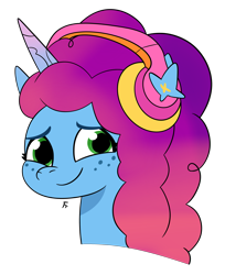 Size: 2521x3085 | Tagged: safe, artist:frownfactory, misty brightdawn, unicorn, g5, female, freckles, headphones, horn, rebirth misty, simple background, smiling, solo, transparent background