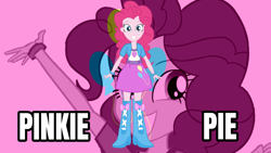 Size: 2560x1440 | Tagged: safe, artist:qbert2kcat, pinkie pie, human, equestria girls, g4, boots, clothes, female, high heel boots, jacket, pink background, shirt, shoes, simple background, skirt, solo, vest, wallpaper