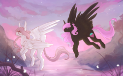 Size: 1813x1118 | Tagged: safe, artist:riressa, oc, oc only, oc:cream cloud, pegasus, pony, braid, duo, duo female, female, flying, large wings, mare, river, water, wings