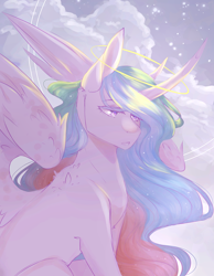 Size: 1180x1524 | Tagged: safe, artist:riressa, princess celestia, alicorn, pony, g4, cloud, colored eyelashes, curved horn, eyebrows, eyebrows visible through hair, female, halo, horn, looking down, mare, missing accessory, shoulder fluff, sitting, sky, sky background, solo