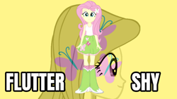 Size: 2560x1440 | Tagged: safe, artist:qbert2kcat, fluttershy, human, equestria girls, g4, clothes, female, shoes, simple background, solo, wallpaper, yellow background