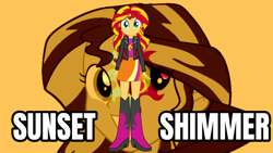 Size: 2560x1440 | Tagged: safe, artist:qbert2kcat, sunset shimmer, human, equestria girls, g4, boots, clothes, female, high heel boots, jacket, orange background, shirt, shoes, simple background, skirt, solo, wallpaper