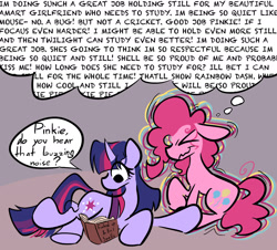 Size: 1649x1488 | Tagged: safe, artist:captainzigo, pinkie pie, twilight sparkle, earth pony, pony, unicorn, g4, ><, book, dialogue, duo, duo female, eye clipping through hair, eyes closed, female, horn, lesbian, mare, reading, ship:twinkie, shipping, speech bubble, thought bubble, unicorn twilight, vibrating, wavy mouth