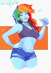 Size: 1400x2000 | Tagged: safe, artist:sozglitch, rainbow dash, human, equestria girls, g4, belly button, breasts, busty rainbow dash, clothes, daisy dukes, female, hand on hip, jeans, looking at you, midriff, pants, passepartout, ripped jeans, ripped pants, shorts, signature, simple background, smiling, smiling at you, solo, thumbs up, tongue out, torn clothes, white background