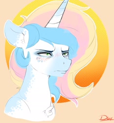 Size: 2053x2200 | Tagged: safe, artist:thelunarmoon, oc, oc only, oc:lunar moon, pony, unicorn, bags under eyes, blush lines, blushing, bust, chest fluff, frown, halftone effect, high res, horn, male, missing accessory, no glasses, orange background, signature, simple background, solo, stallion