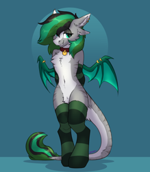 Size: 3500x4000 | Tagged: safe, artist:spoopygander, oc, oc only, oc:geoplix, draconequus, semi-anthro, belly, belly button, chest fluff, clothes, collar, countershading, crossdressing, ear piercing, male, piercing, pubic fluff, signature, socks, solo, striped socks, thigh highs, wing piercing, wings