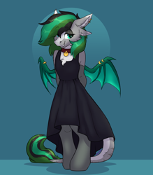 Size: 3500x4000 | Tagged: safe, alternate version, artist:spoopygander, oc, oc only, oc:geoplix, draconequus, semi-anthro, chest fluff, clothes, collar, countershading, crossdressing, dress, ear piercing, piercing, signature, socks, solo, stockings, thigh highs, wing piercing, wings