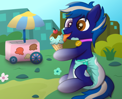 Size: 3400x2774 | Tagged: safe, artist:sweetielover, oc, oc only, oc:midnight-delight, earth pony, pony, g4, building, cart, cherry, commission, diaper, diaper fetish, fetish, food, heterochromia, high res, ice cream, ice cream cone, jewelry, licking, male, necklace, park, solo, tongue out