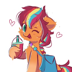 Size: 1000x1000 | Tagged: safe, artist:skylinepony_, sunny starscout, earth pony, pony, g5, bag, cheek fluff, chest fluff, cute, drink, ear fluff, female, fluffy, heart, hoof hold, looking at you, mane stripe sunny, one eye closed, open mouth, rainbow tail, simple background, smiling, smiling at you, smoothie, solo, sunny's bag, sunnybetes, tail, unshorn fetlocks, white background
