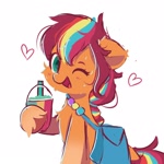 Size: 1000x1000 | Tagged: safe, artist:skylinepony_, sunny starscout, earth pony, pony, g5, bag, cheek fluff, chest fluff, cute, drink, ear fluff, female, fluffy, heart, looking at you, mane stripe sunny, one eye closed, open mouth, rainbow tail, simple background, smiling, smiling at you, smoothie, solo, sunny's bag, sunnybetes, tail, unshorn fetlocks, white background