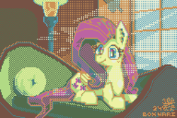 Size: 1920x1280 | Tagged: safe, artist:boxwari, fluttershy, pegasus, pony, g4, couch, digital art, female, fluttershy's cottage, looking at you, lying down, mare, pixel art, prone, signature, smiling, smiling at you, solo