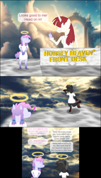 Size: 1606x2812 | Tagged: safe, artist:shrimpbucket, oc, oc only, oc:blood stain, oc:fausticorn, oc:heavy weather, alicorn, angel, anthro, unguligrade anthro, 3 panel comic, big breasts, breasts, clothes, cloud, comic, desk, dialogue, dress, halo, heaven, speech bubble, toga