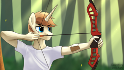 Size: 3000x1688 | Tagged: safe, artist:dash wang, oc, oc only, oc:cream brun, unicorn, anthro, anthro oc, archery, arrow, bow, clothes, forest, hand, horn, male, nature, solo, tree